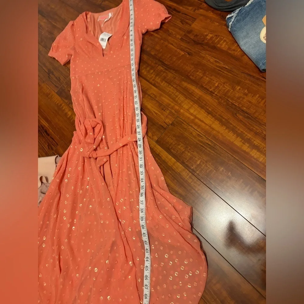 Free People wanderer Maci dress boho gown coral chiffon metallic gold textured 4